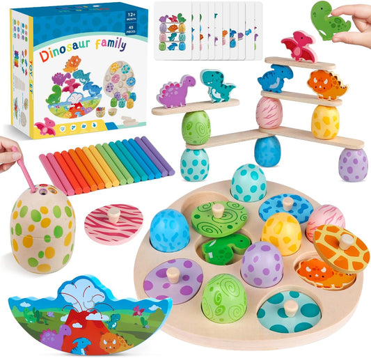 Colourful Dinosaur Family Wooden Montessori Toys for Toddlers with Stacking Eggs and Counters