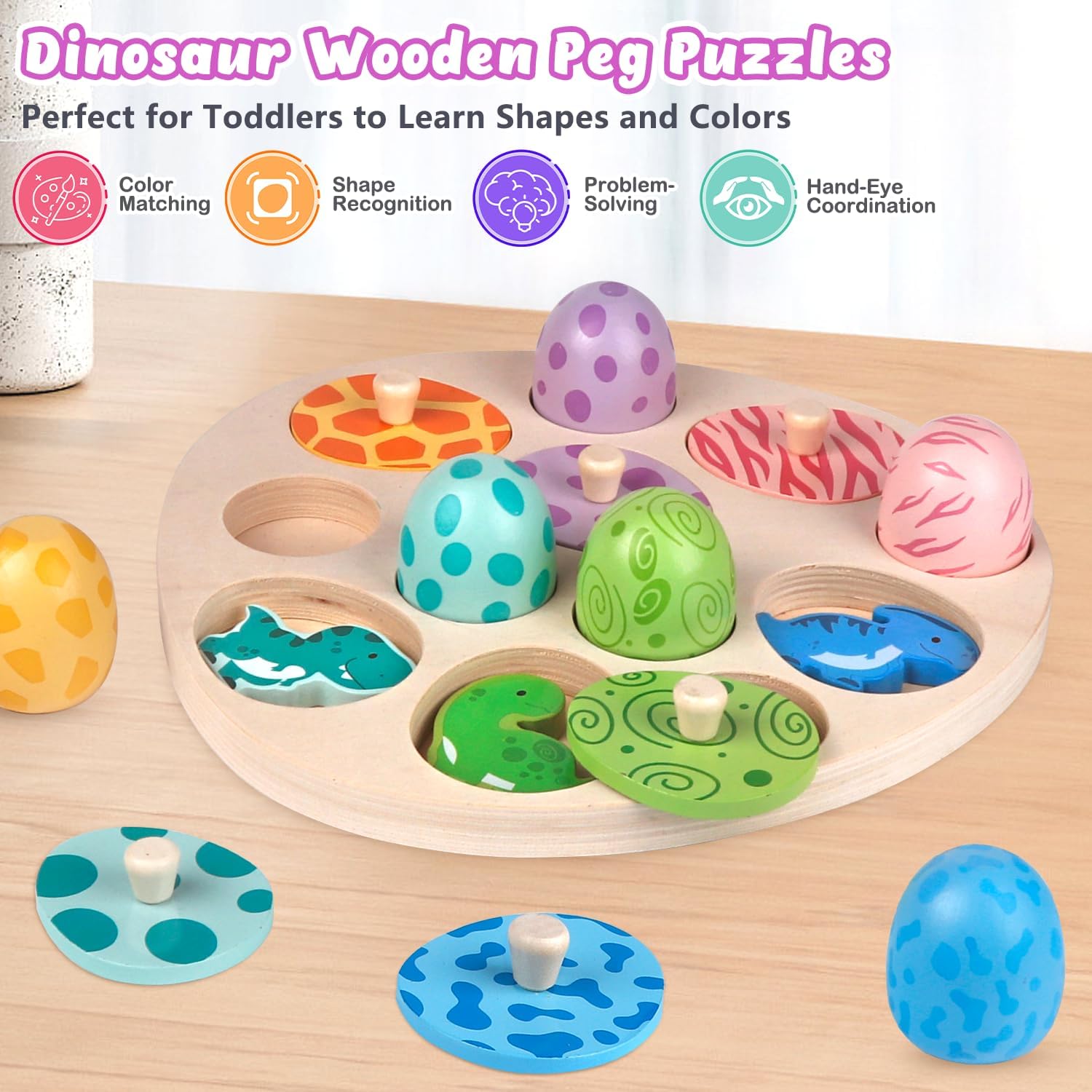Dinosaur wooden Montessori toys for toddlers featuring colourful peg puzzles for learning shapes and colours