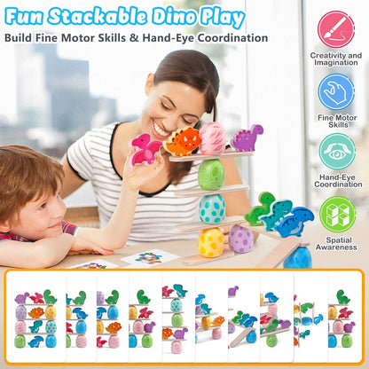 Aliex Fun Stackable Dino Play Set, colourful wooden Montessori toys for toddlers promoting fine motor skills