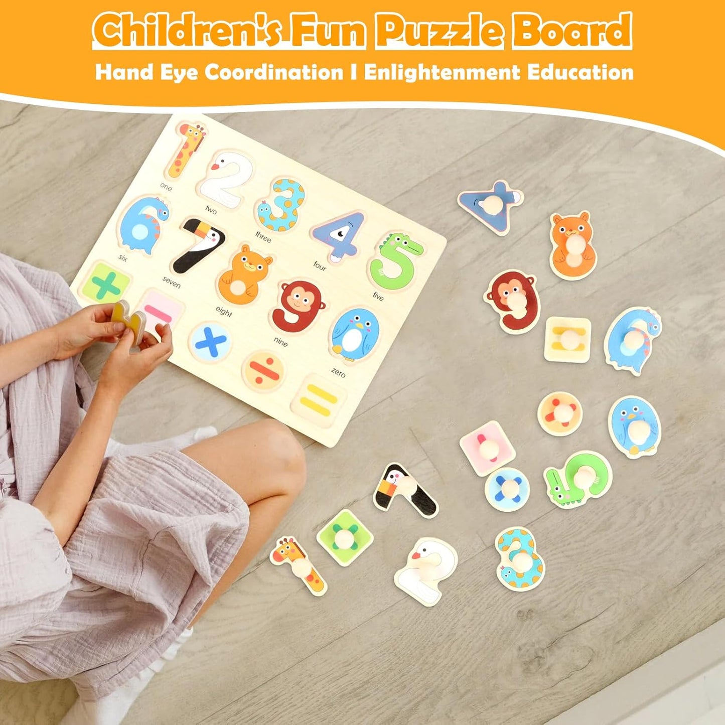 Children's Fun Puzzle Board with Colourful Wooden Puzzles for Hand-Eye Coordination Development