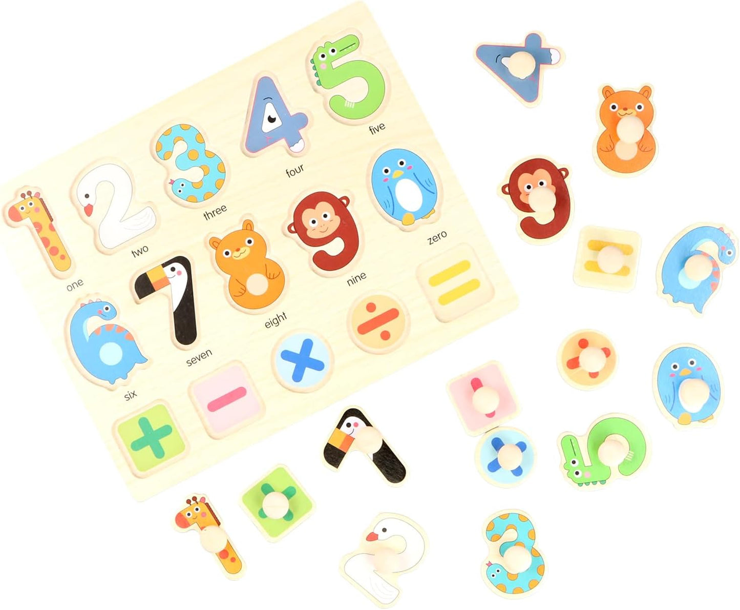 Tinsellns wooden puzzles featuring colourful number and shape pieces for educational play