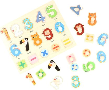 Tinsellns wooden puzzles featuring colourful number and shape pieces for educational play