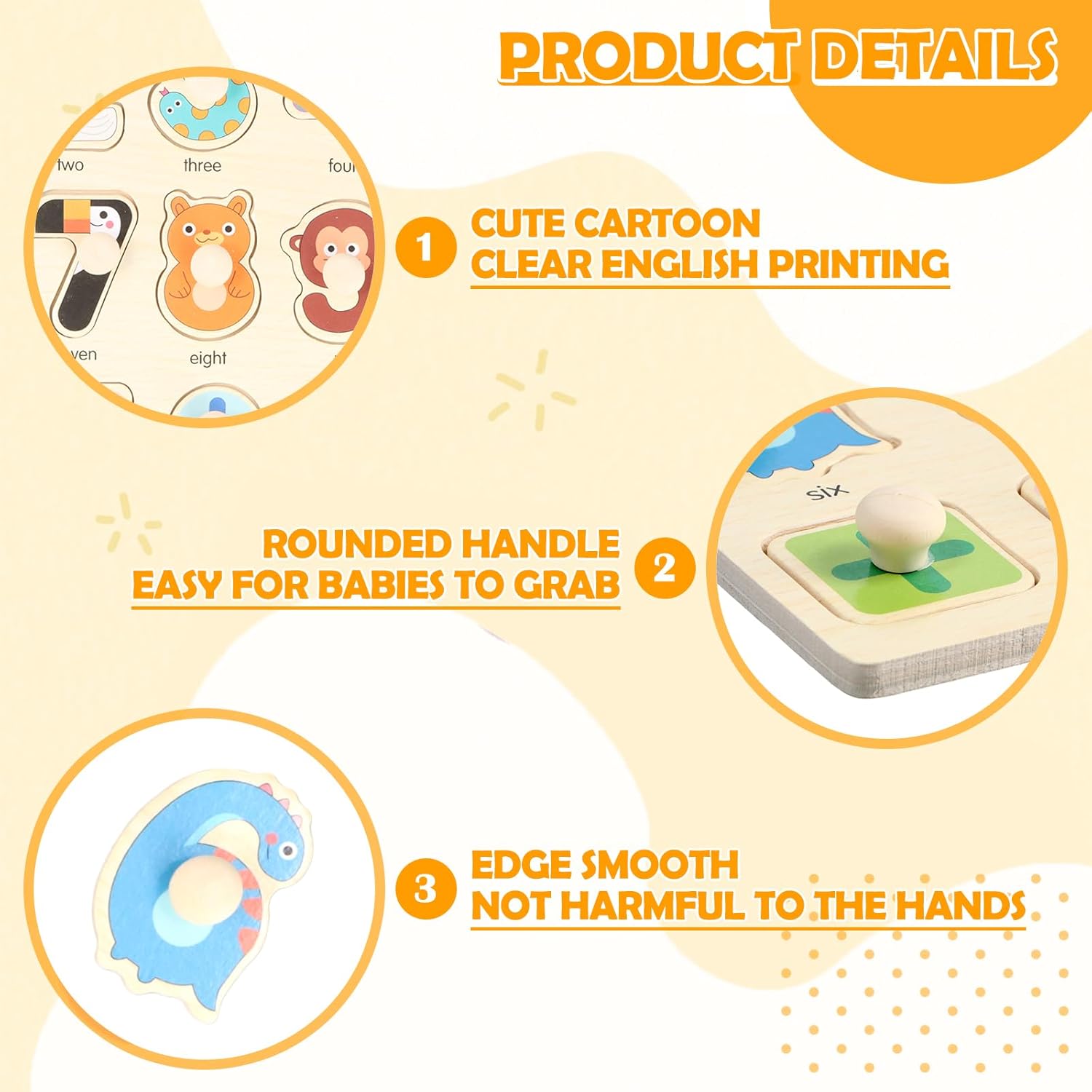 Wooden puzzles for toddlers featuring cute cartoon designs with smooth edges and easy-grab handles