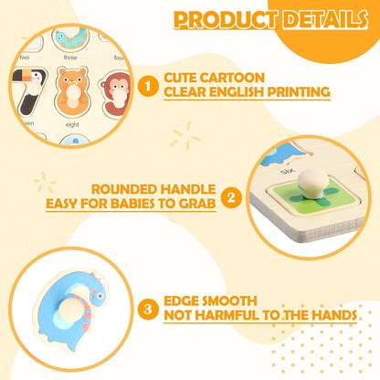Wooden puzzles for toddlers featuring cute cartoon designs with smooth edges and easy-grab handles