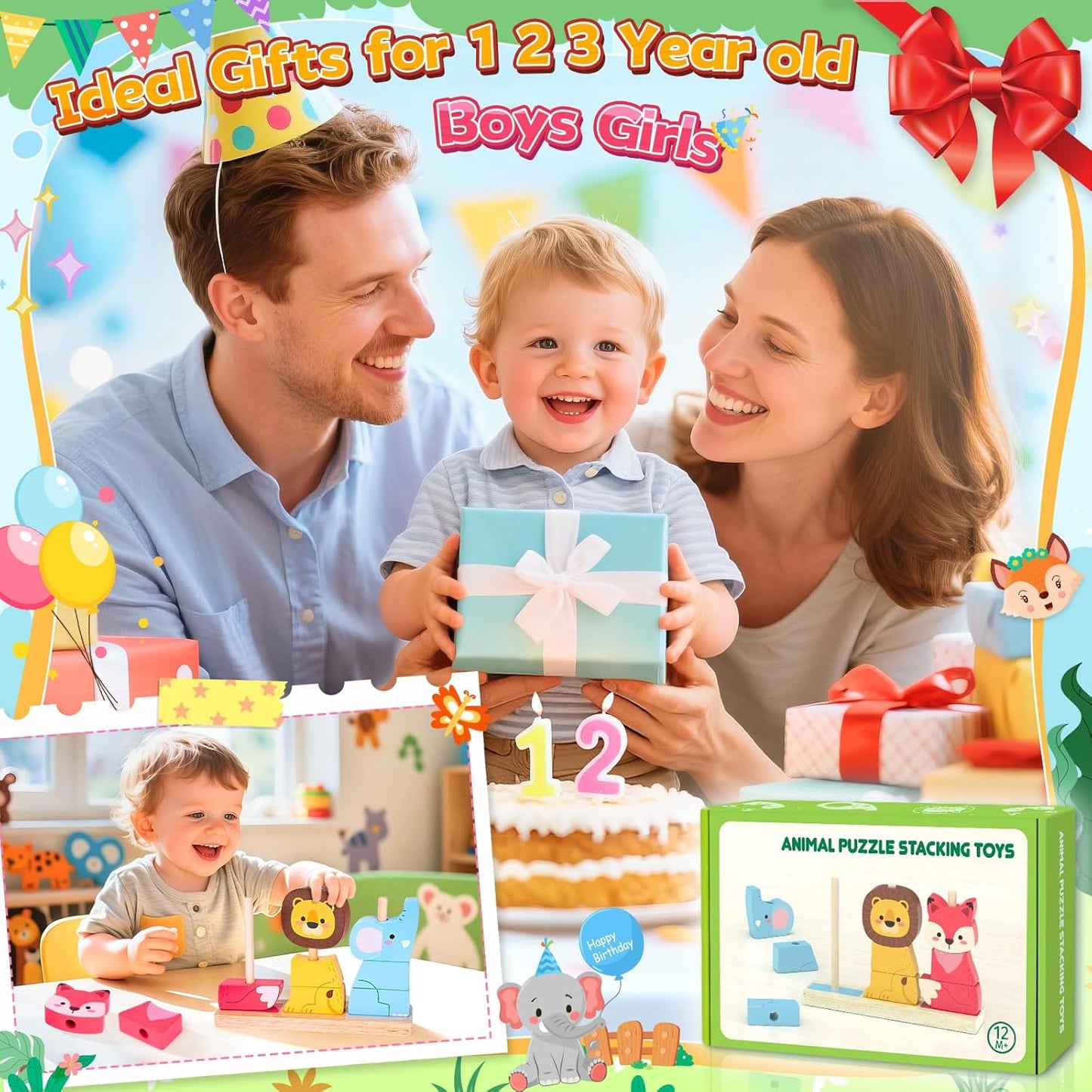 Lelechong wooden toy animal puzzle stacking set for 1 to 3 year old children, perfect gift for birthdays