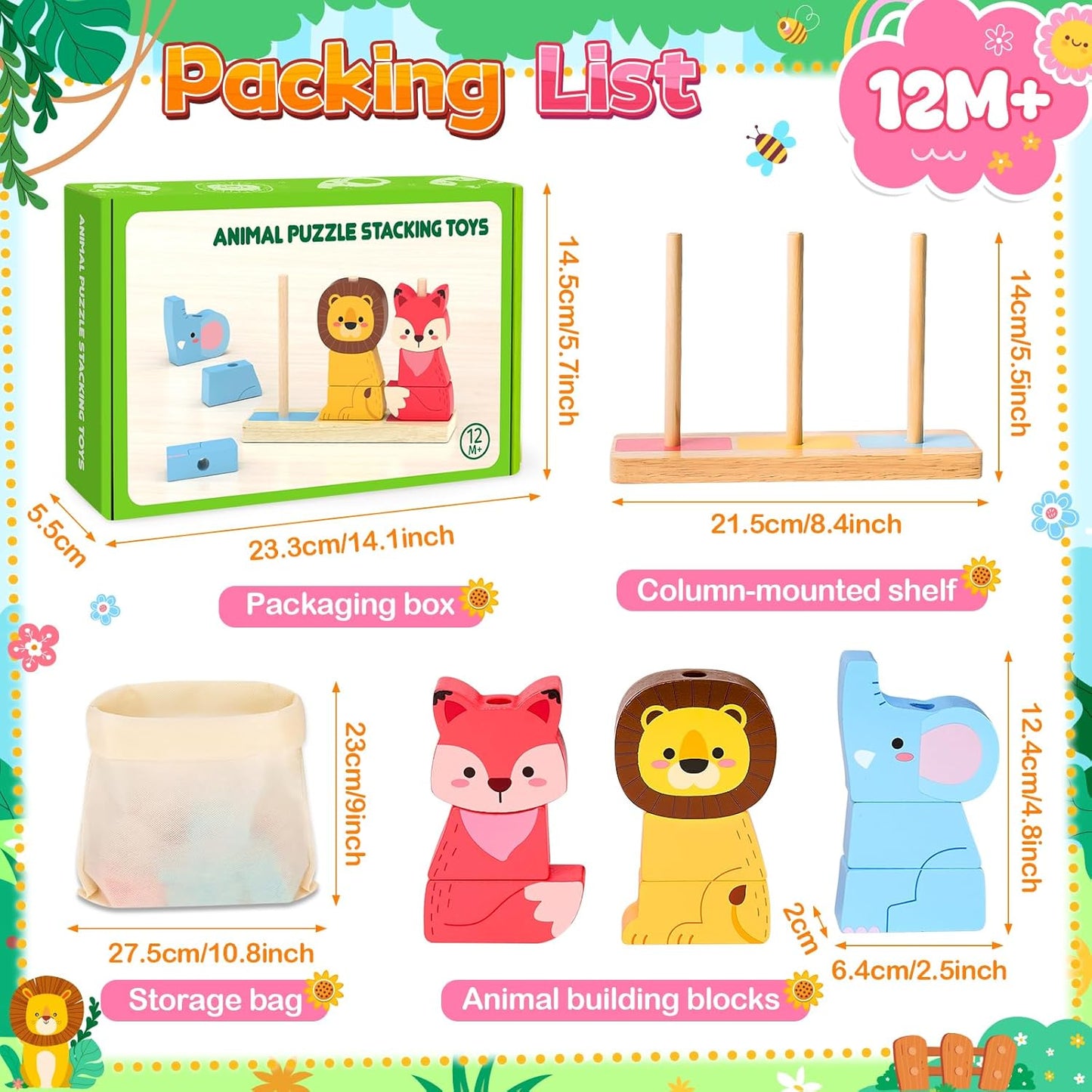 Lelechong wooden toy animal puzzle stacking toys for 12 months and older with vibrant colours