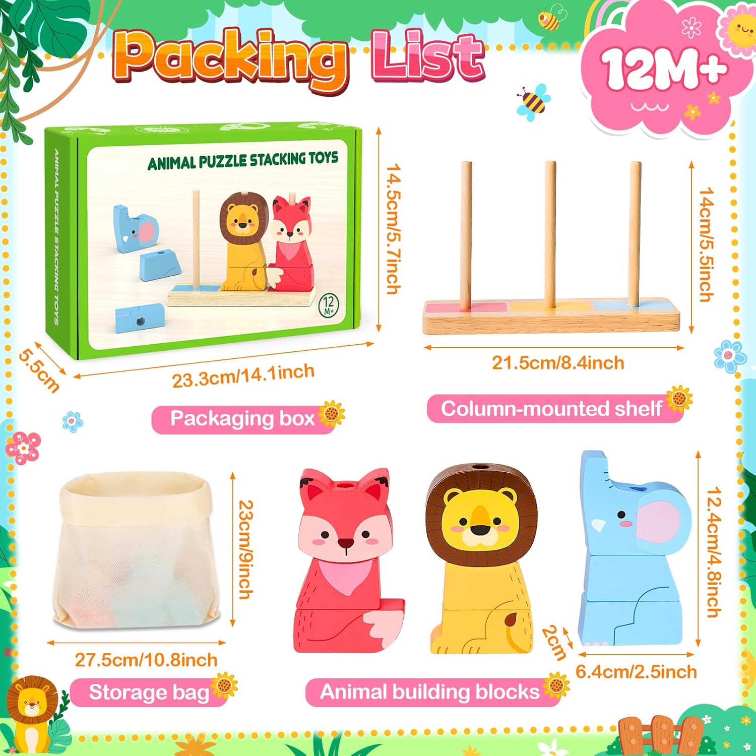 Lelechong wooden toy animal puzzle stacking toys for 12 months and older with vibrant colours