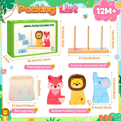 Lelechong wooden toy animal puzzle stacking toys for 12 months and older with vibrant colours