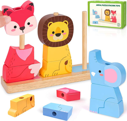Lelechong wooden toy animal stacking puzzle featuring a fox, lion, and elephant for children