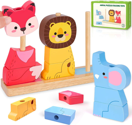 Lelechong wooden toy animal stacking puzzle featuring a fox, lion, and elephant for children