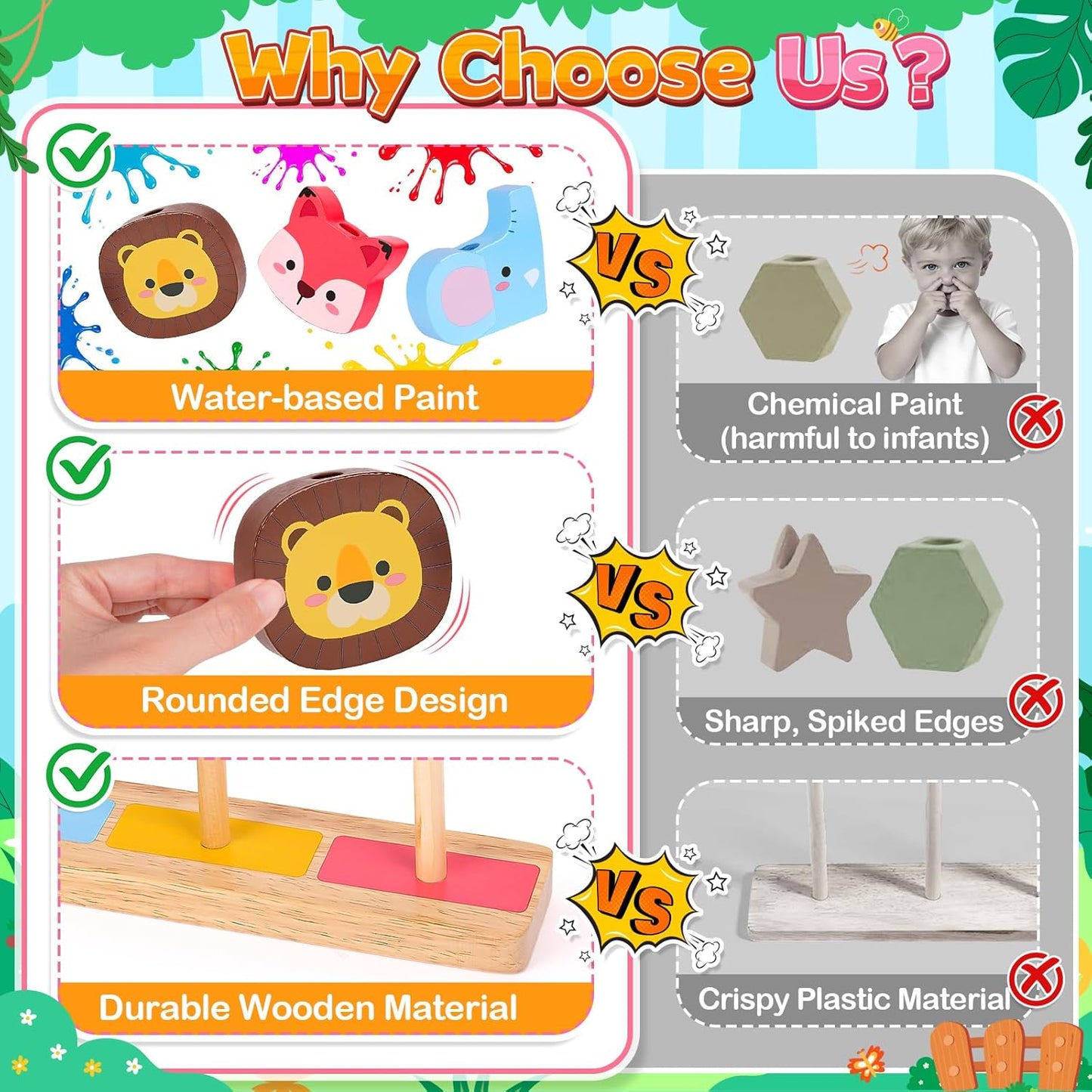 Lelechong wooden toy showcasing safe water-based paint and durable design for infants