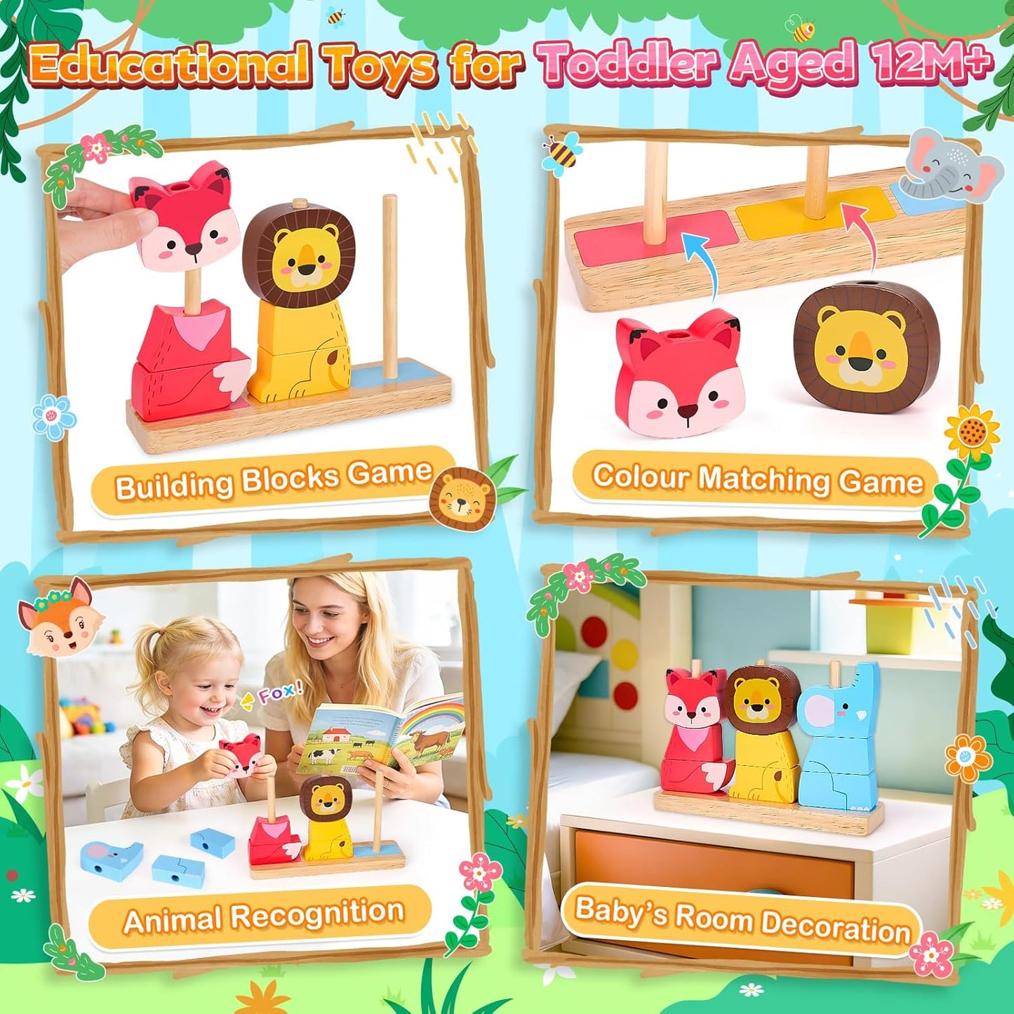 Lelechong educational wooden toy set for toddlers featuring animal recognition and colour matching games