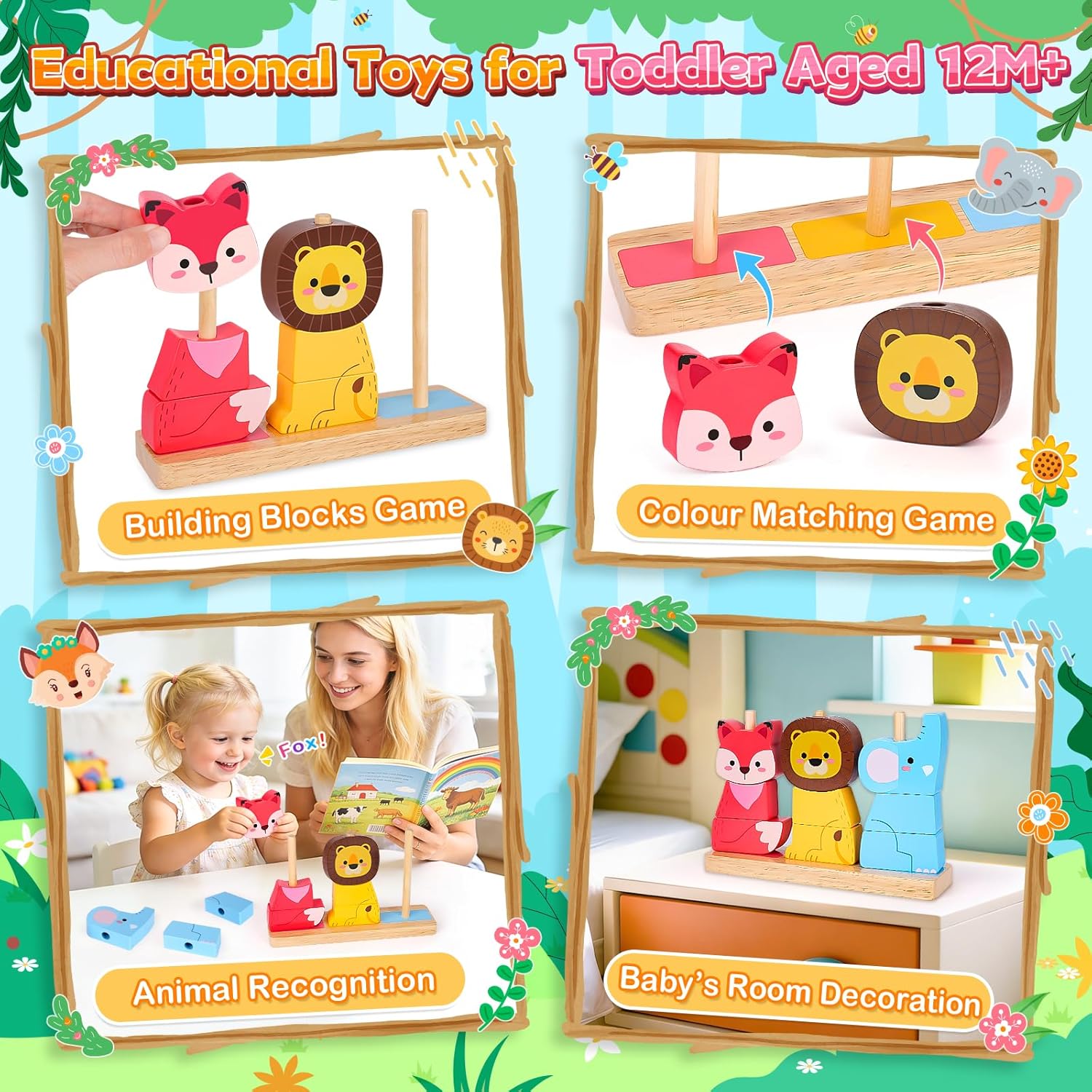 Lelechong educational wooden toy set for toddlers featuring animal recognition and colour matching games