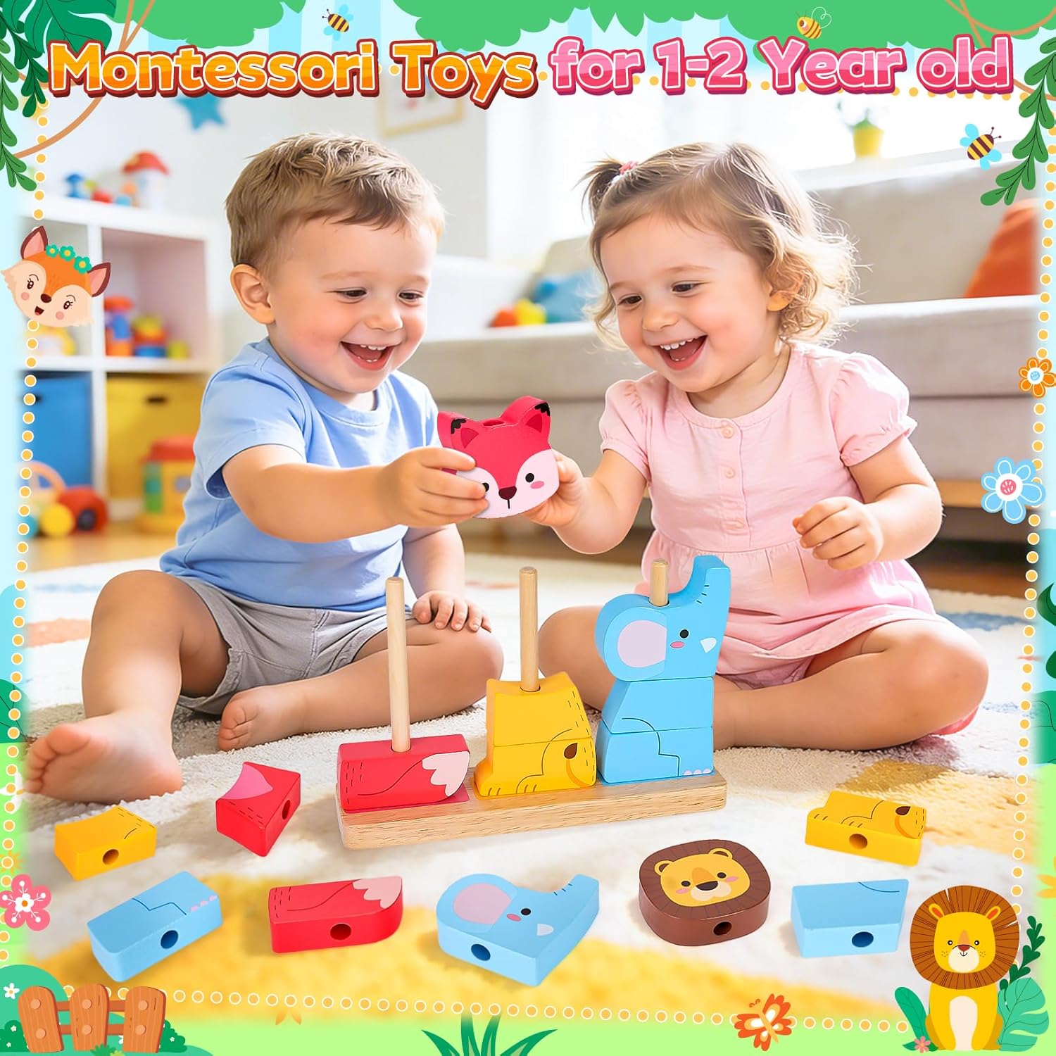 Lelechong wooden toy set for toddlers featuring colourful animal figures for learning and play