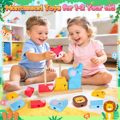 Lelechong wooden toy set for toddlers featuring colourful animal figures for learning and play