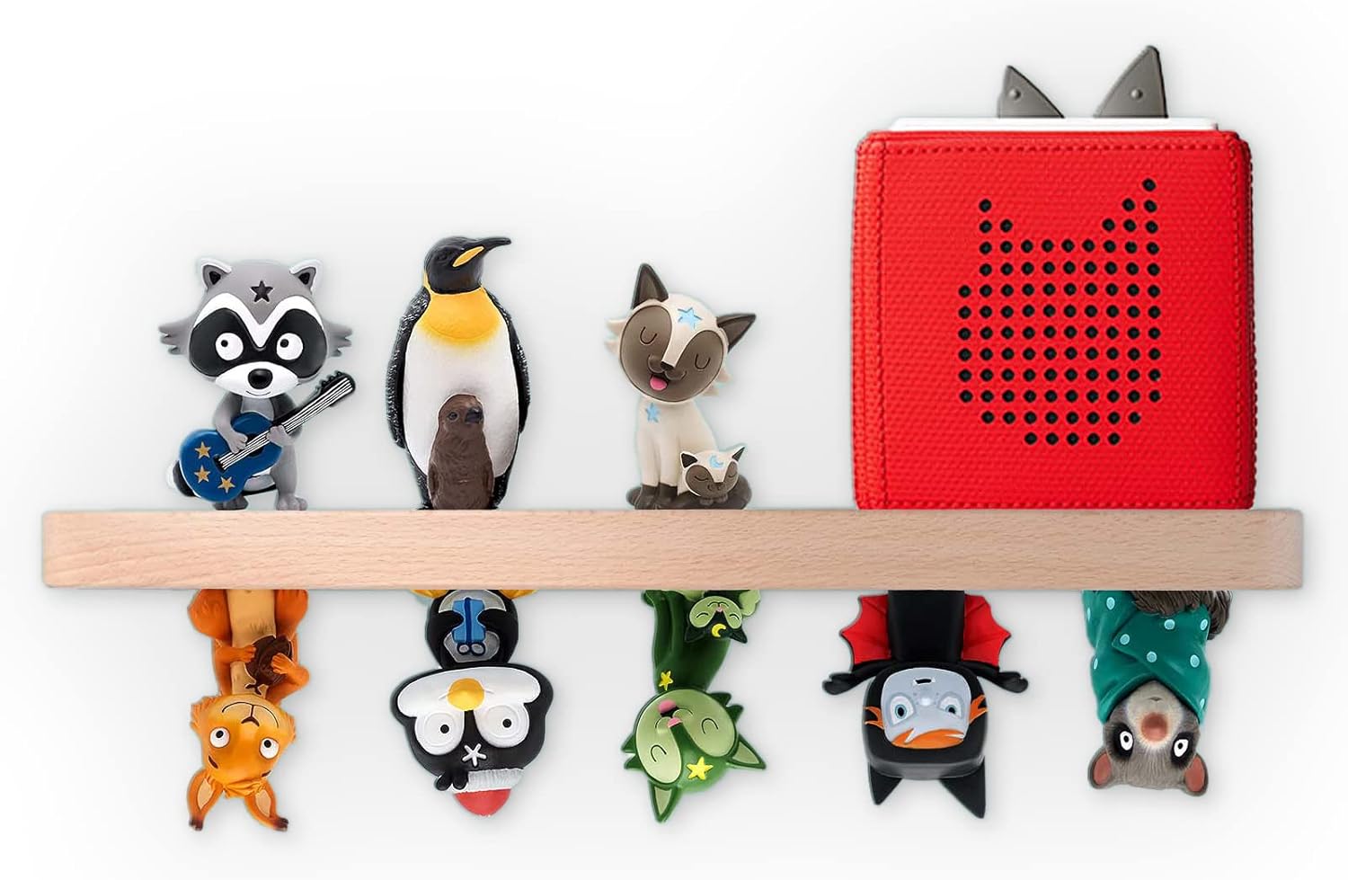 Erlsig wooden wall shelf for Tonies displaying various character figurines in vibrant colours