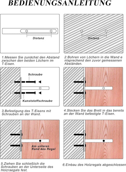 Installation guide for wooden wall shelf for Tonies with step-by-step illustrations