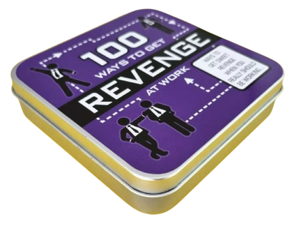 100 Ways to Get Revenge at Work book in a stylish tin box by Loncraine Broxton for the workplace revenge guide