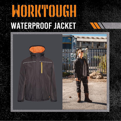 Worktough men's waterproof work jacket with adjustable hood and zip pockets for outdoor protection