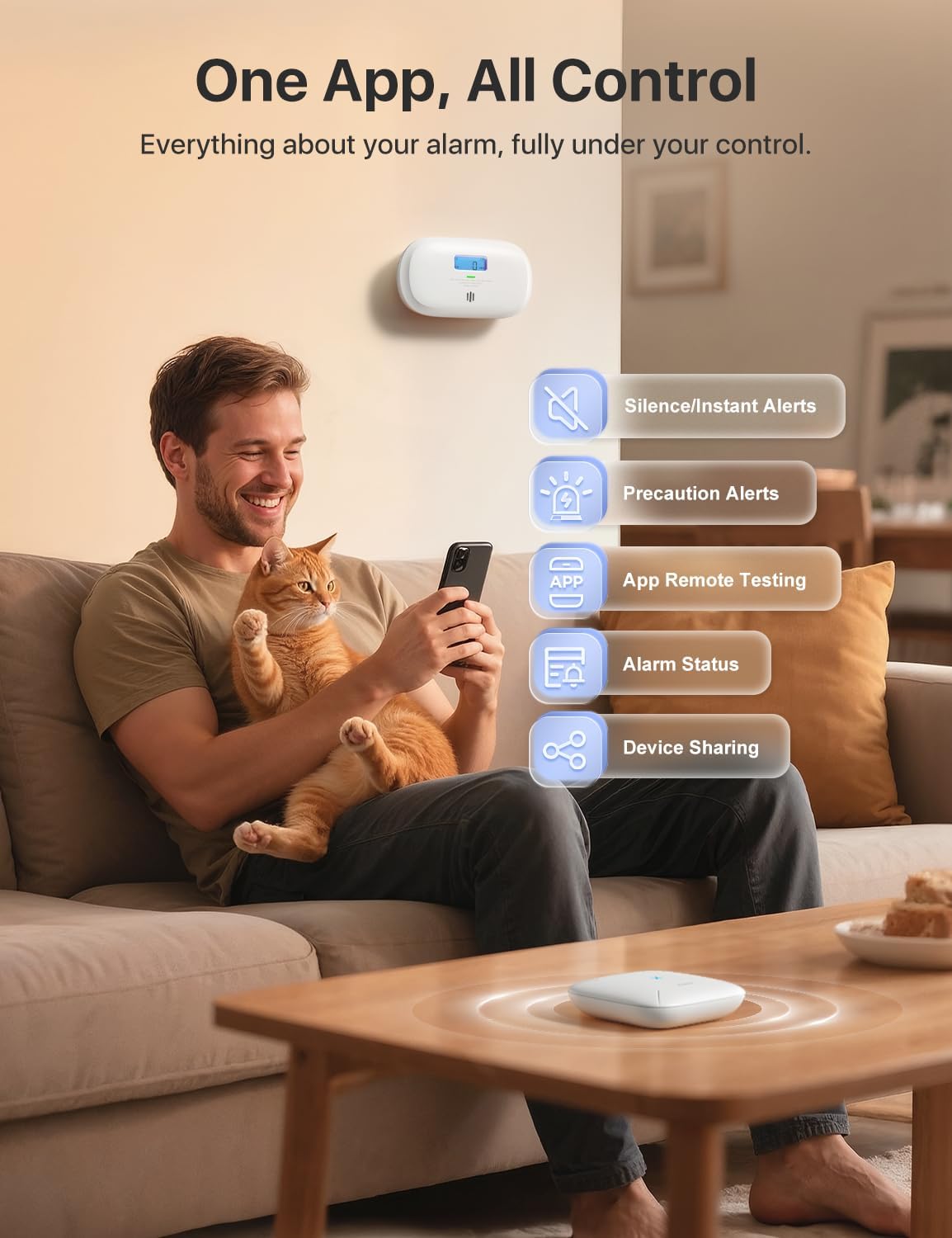 X-Sense carbon monoxide detector with base station mounted on a wall, user interacting via mobile app with cat