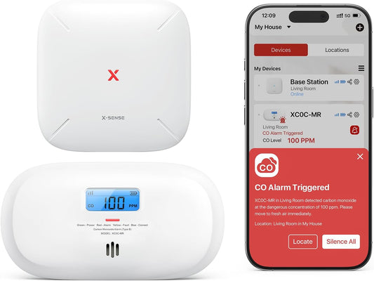 X-Sense carbon monoxide detector with base station showing real-time carbon levels on mobile app