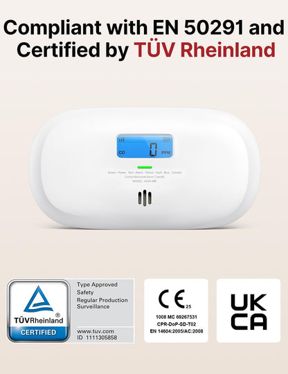 X-Sense carbon monoxide detector with base station, certified safe and compliant with EN 50291 standards