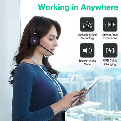 Yealink WH62 Mono wireless headset used by a woman for clear calls in a modern office setting