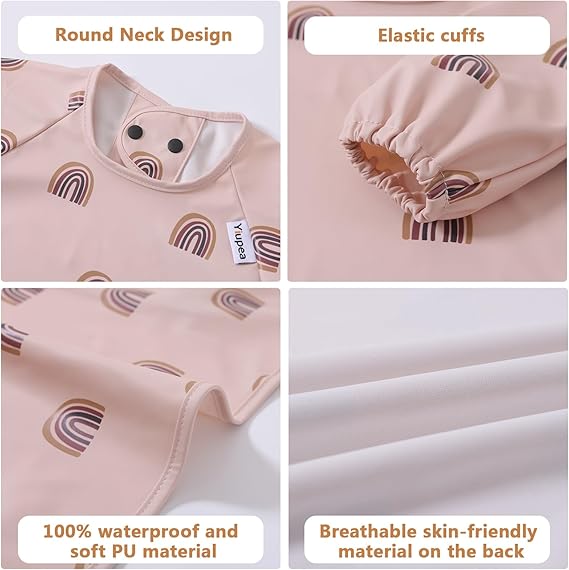 Yiupea waterproof long sleeve baby bibs with round neck design and elastic cuffs for easy wear