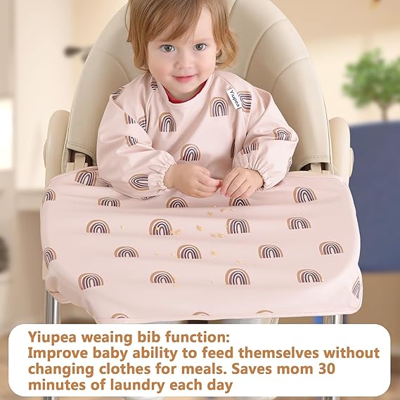 Yiupea waterproof long sleeve baby bibs featuring rainbow pattern to keep clothes clean during meals