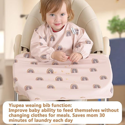 Yiupea waterproof long sleeve baby bibs featuring rainbow pattern to keep clothes clean during meals
