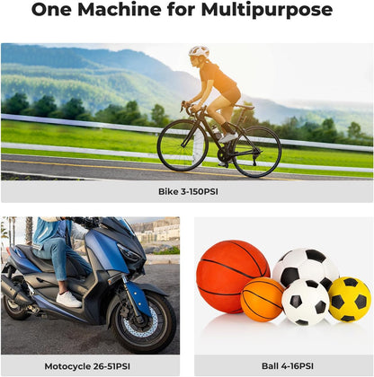 YoungDo digital mini bike pump with gauge for various uses including bicycles, motorcycles, and sports balls