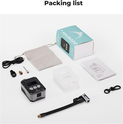 YoungDo digital mini bike pump with gauge and packing list including accessories and instruction manual