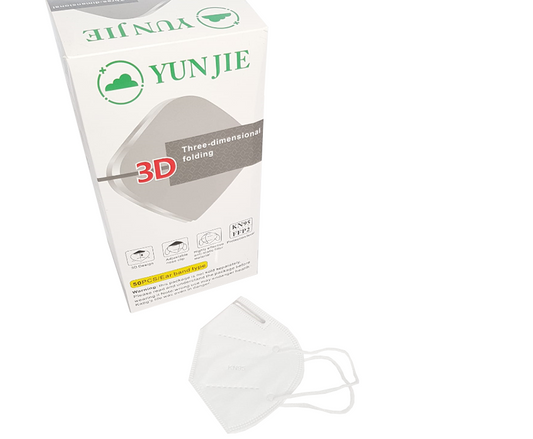 Yunjie FFP2 N95 face masks pack of 50 with three-dimensional folding design for effective protection.