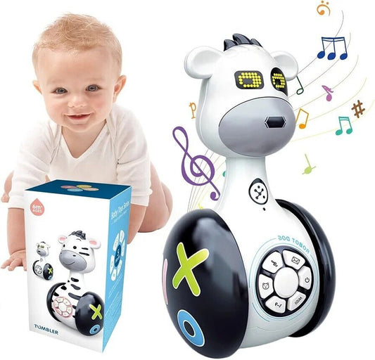 Zebra robot musical toy with lights and sounds alongside a smiling baby for interactive playtime