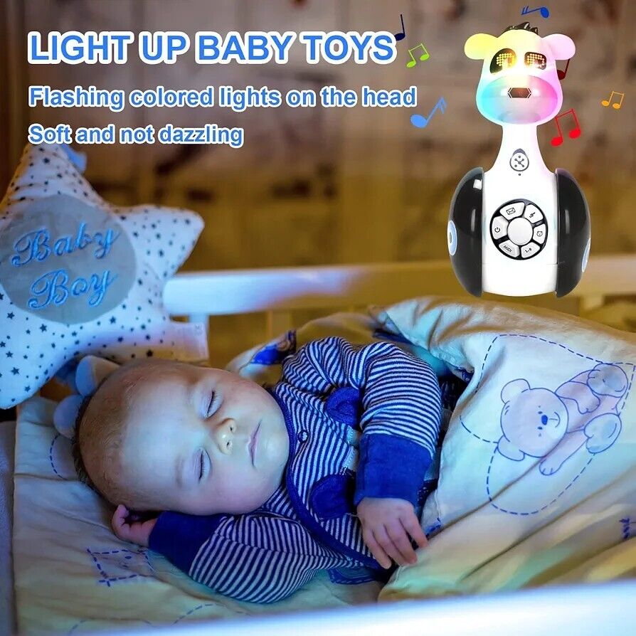 Zebra robot musical toy with flashing lights, designed to entertain and soothe babies at bedtime