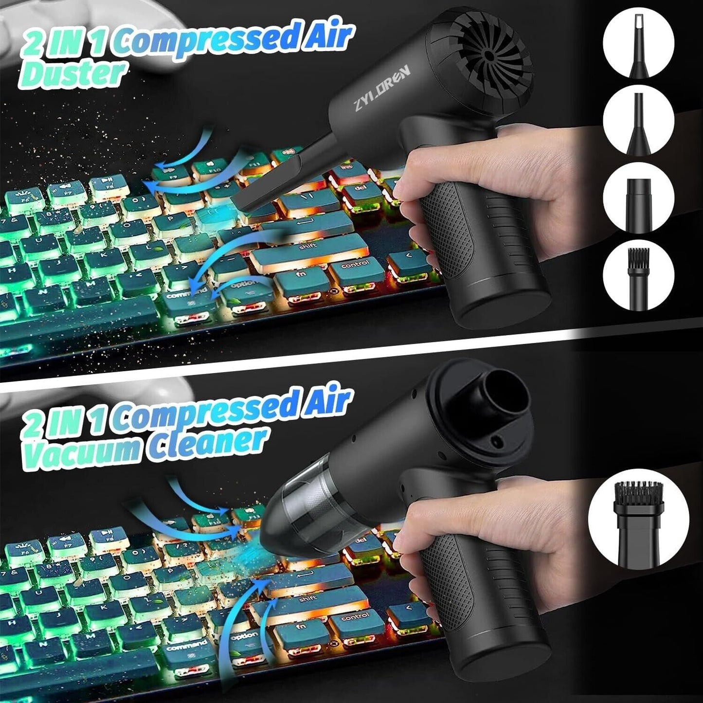 Zyloren compressed air duster and vacuum cleaner for efficient keyboard cleaning and dust removal