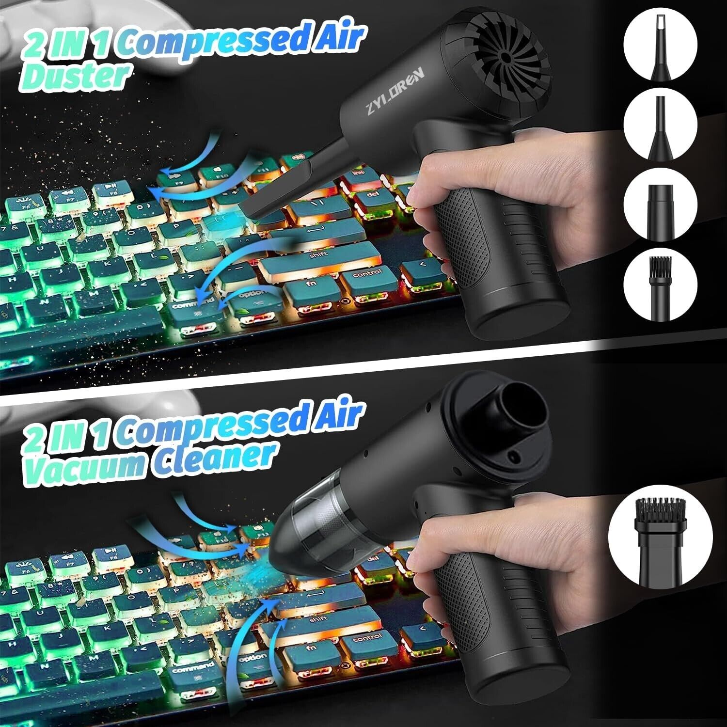 Zyloren compressed air duster and vacuum cleaner for efficient keyboard cleaning and dust removal