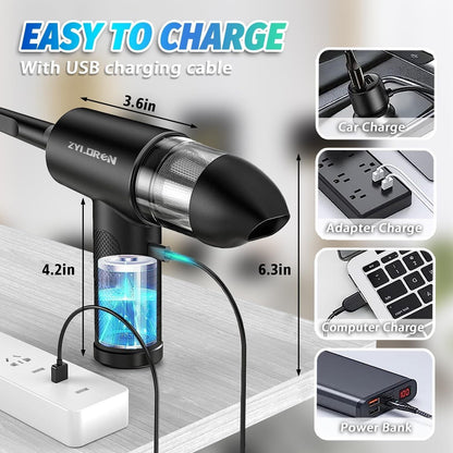 Zyloren compressed air duster with USB charging options, including car, adapter, and computer charge